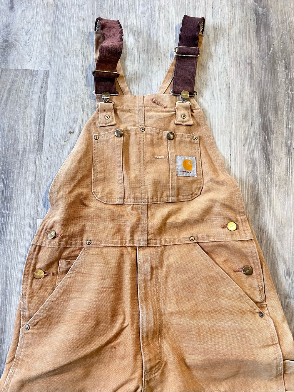 Carhartt Tan Canvas Bib Overalls with Brown Straps